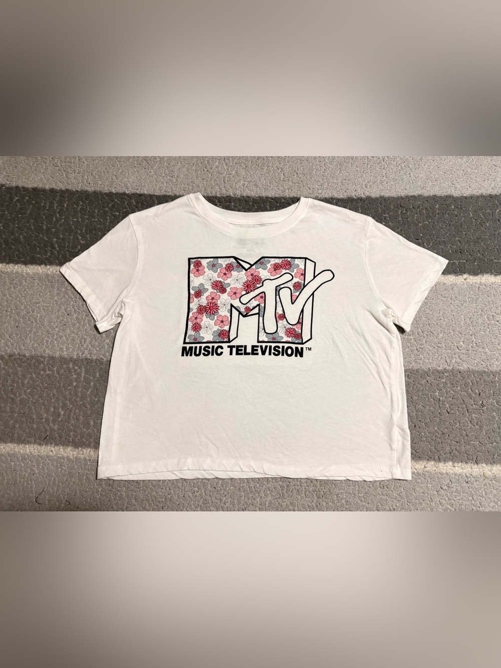 MTV White Short Sleeve Crop Top W/ MTV Logo & Pink Embroidered Flowers